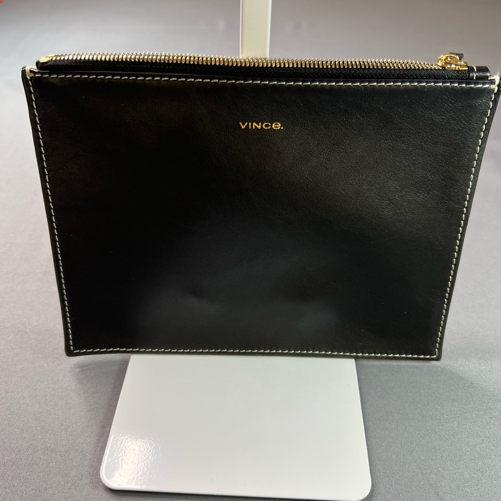 Vince Black Leather Pouch with White stitch and suede back.